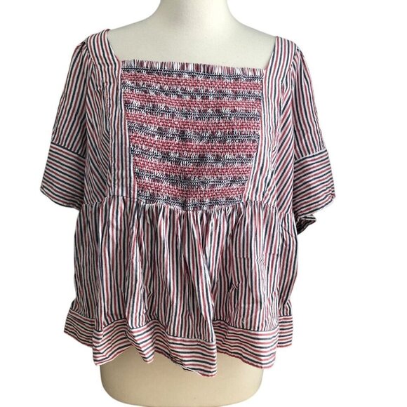 Old Navy Red Blue White Striped Smocked Babydoll Top Women's size 2X - Picture 2 of 9